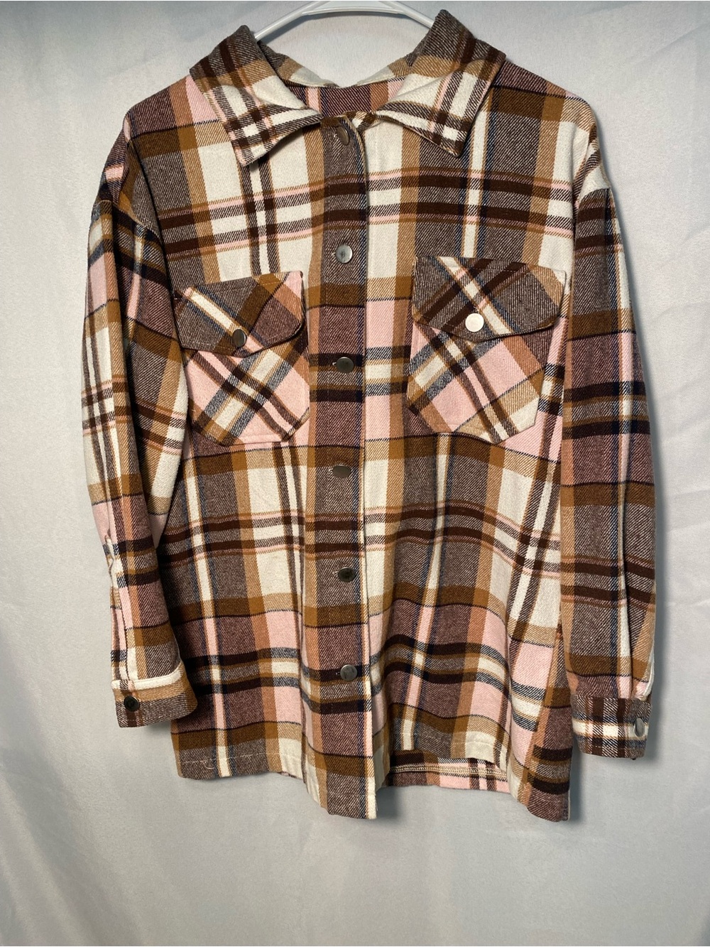 Woman’s Plaid Button-Up Shirt Jacket - Pink & Brown